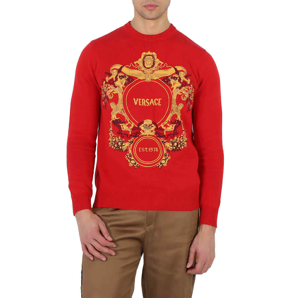 Versace Red Intarsia Knit Jacqurd Sweater, Brand Size 48 (US Size 
