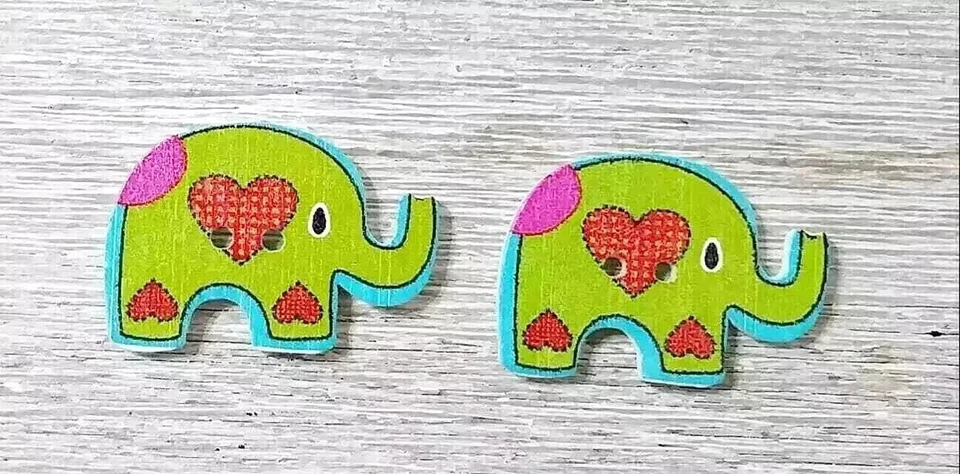 elephant jungle wood buttons sewing 2 holes 1 1/8 inch hearts green 2pc set - Image 2 of 2
