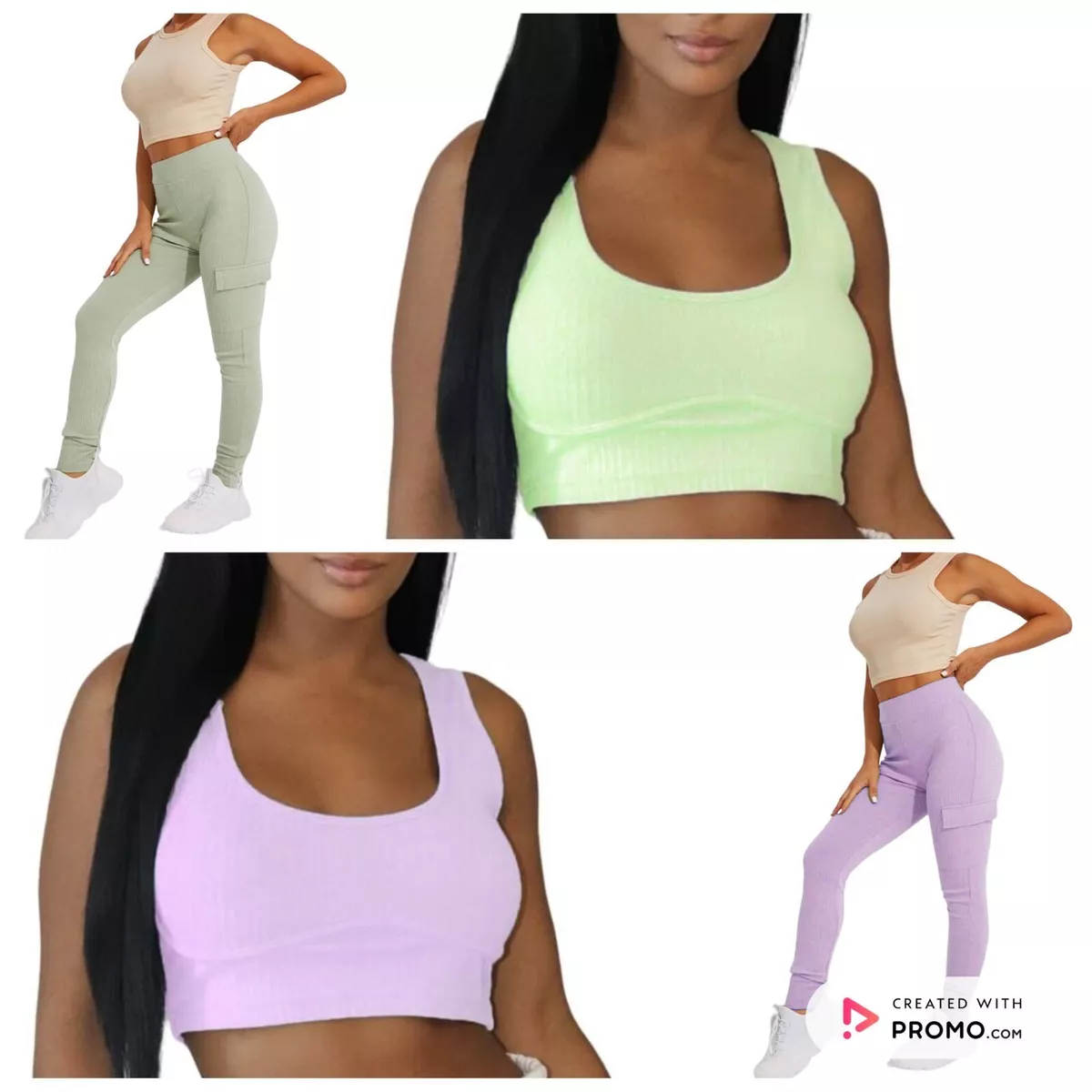 Women Ladies Gym PLT Shape Suits GREEN POCKET DETAIL RIBBED YOGA