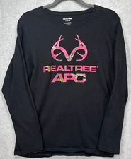 Real Tree APC Graphic Long Sleeve T-Shirt Black Pink Camo Neck Logo Womens Sz Lg