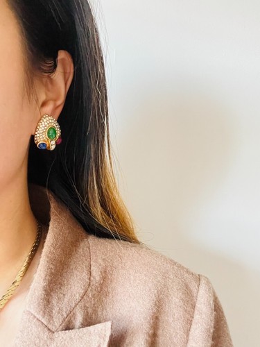 Christian Dior GROSSE 1960 Gripoix Ruby Sapphire Emerald Heart Crystal Earrings - Picture 5 of 13