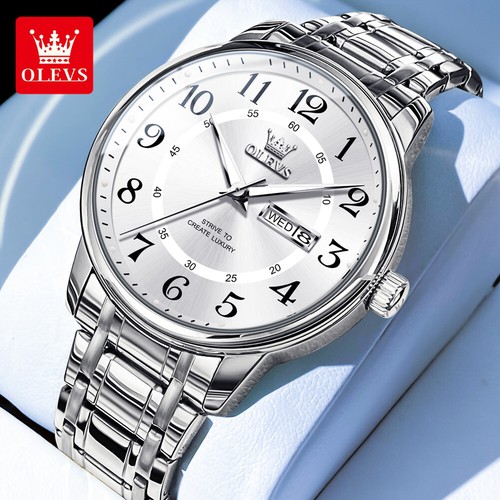 OLEVS Men's Watch Calendar Week Display Waterproof Stainless Steel Wristwatches - 第 1/11 張圖片