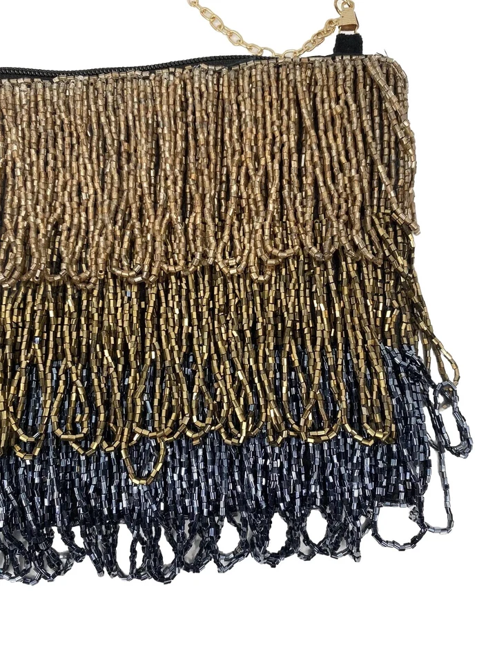 Bolso de Hombro Lulu NYC Hecho a Mano con Flecos y Cremallera Cierre Terciopelo Negro Foto 3 de 4