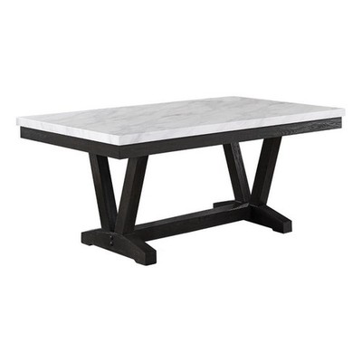 Transitional Weathered Gray Wood Dining Table with Faux Marble Top