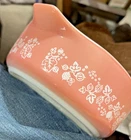Vintage Pyrex 471 PINK Gooseberry Writing in WHITE 1 Pint Casserole USA NO LID