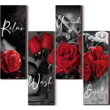 Set of 4 Rose Bathroom Wall Art Wooden Flower Restroom Decor Rustic Romantic ...