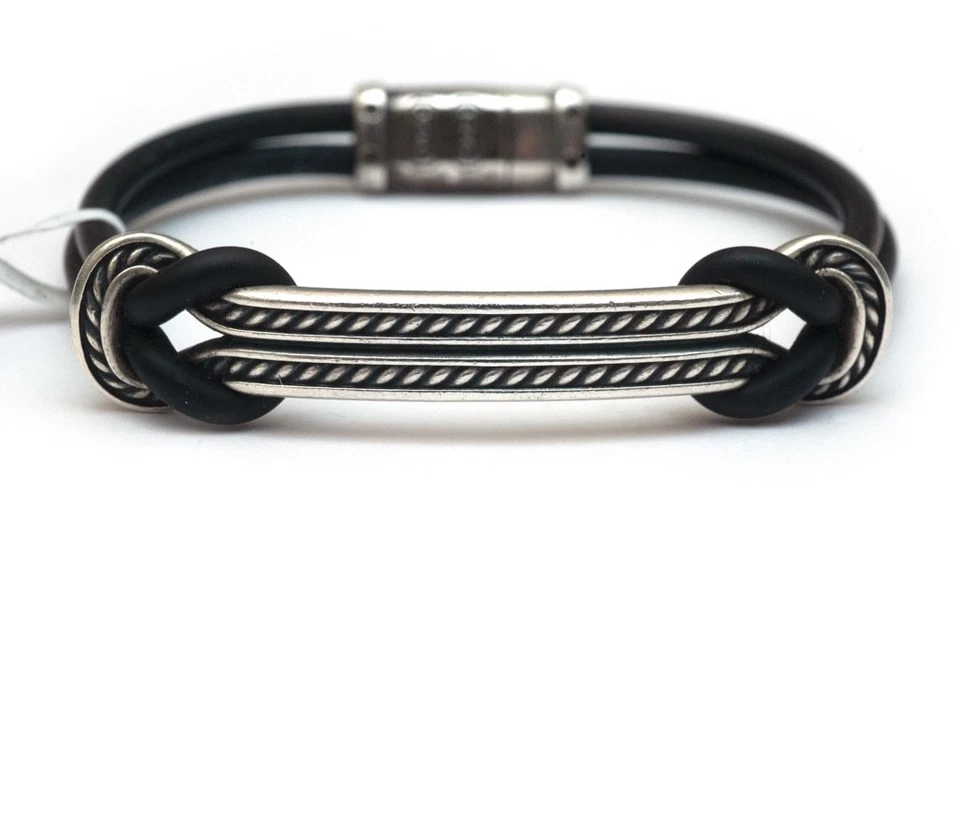DAVID YURMAN Nuevo Brazalete Identificación Nudo Deslizante Marítimo Para Hombres Negro Goma y Plata-Pequeño Foto 2 de 4