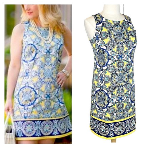 London Style Women's 8 Medallion Print Cotton Shift Dress Yellow Blue NWOT