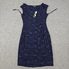 Lauren Ralph Lauren Dress Womens 8 Blue Lace Sequin Sheath Knee Length Cocktail