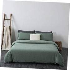 3Pcs Queen Size 100 90"x90" duvet cover set 100 Washed Cotton Grass Green