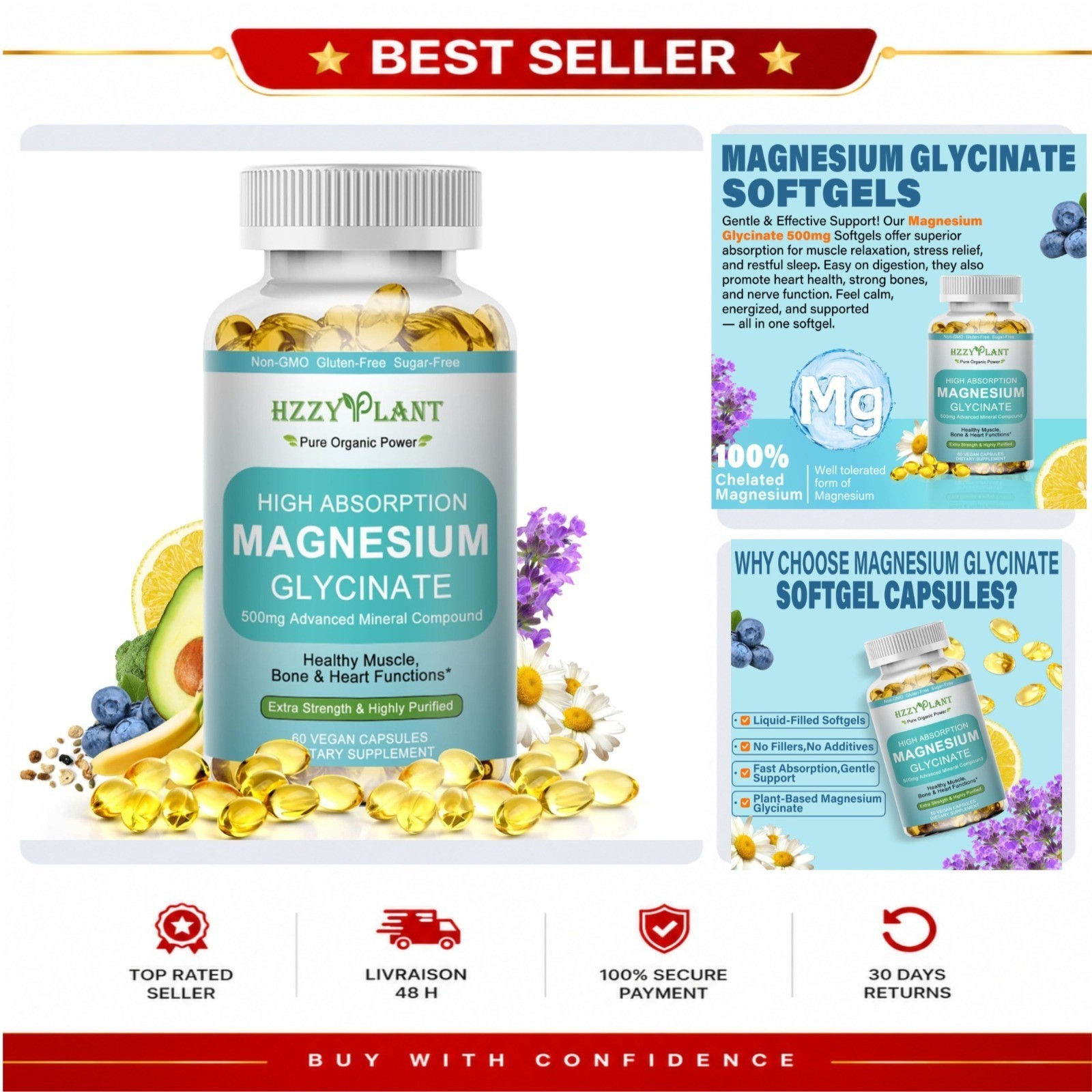 Magnesium Glycinate 500mg Softgels 60 Count Non-GMO HZZYPLANT