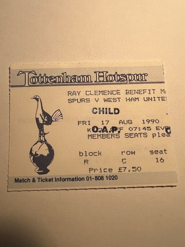 Tottenham Hotspur v West Ham, Friendly Ticket, "Ray Clemence Test" 17/8/90 - Picture 1 of 2