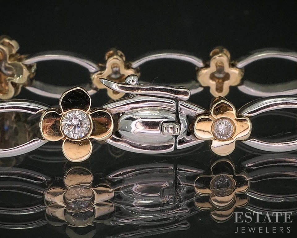 14k Two Tone Gold Natural .75ctw Diamond Flower Link Bracelet 11g 7.25"L i20046 - Image 3 of 4