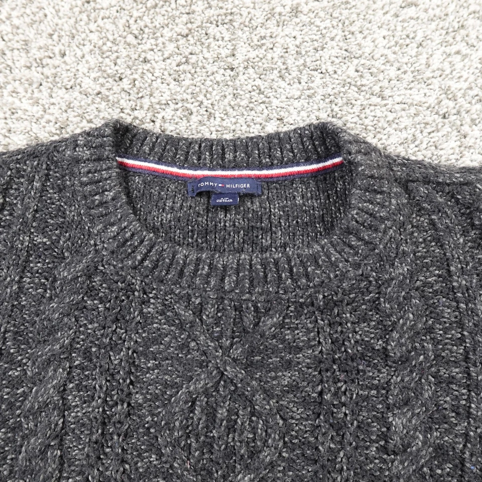 Suéter feminino Tommy Hilfiger S preto cinza Donegal cabo malha pulôver gola redonda - Imagem 3 de 4