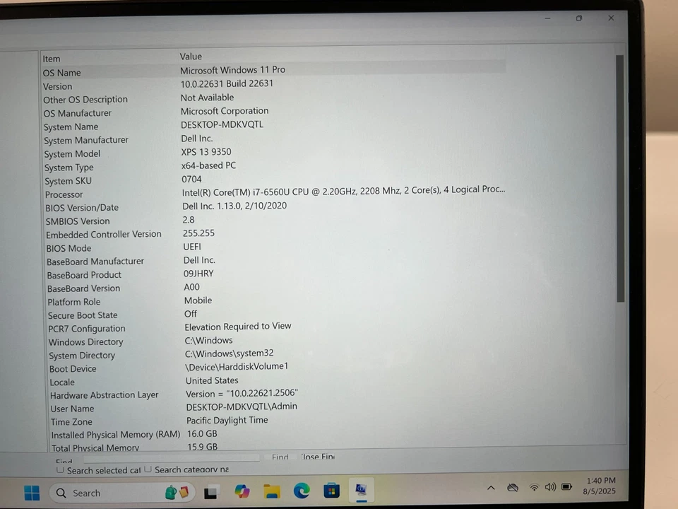 Dell XPS 13 9350 i7-6560U 2.20GHz 16GB SSD 512GB Touchscreen WIn 11 Pro *READ - Image 2 of 4