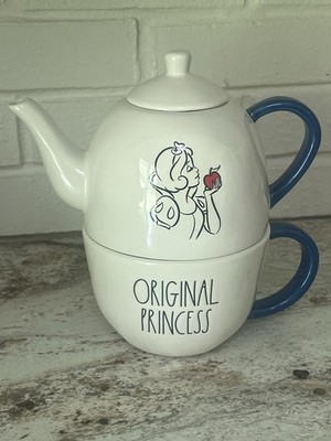 RARE Disney Snow White Tea For One Set Ceramic White Blue Teapot Cup Lid Glossy