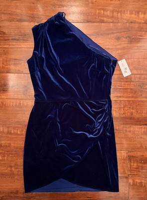 NWT Blondie Nites Blue Velvet One Shoulder Wrap Dress Sleeveless Size 13