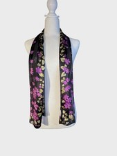 jones New York Scarf Black Floral W Purple Flowers And Green Leaves 52  X 10  