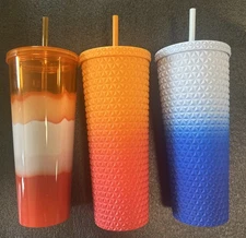 Mainstays 26 oz Double Wall Plastic Ombre Textured Tumbler Orange, Pink,Blue (3)