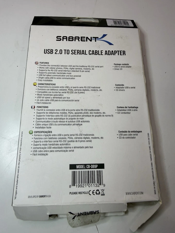 Sabrent USB 2.0 to Serial Cable Adapter DB9 RS-232 with Driver CD – New (B5) - Image 2 of 2
