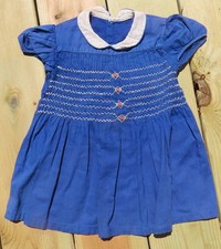 Vintage Smocked Blue Dress with Pink Rosebuds For Toddlers--12 Months