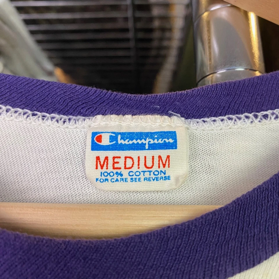 1970s Vintage CHAMPION Blue Bar T-shirt White Purple Medium Ringer Tee Foto 4 de 4