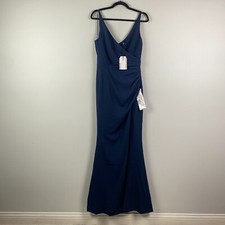 Dress The Population Gown Dress Medium Blue Ruched Slit Maxi Pleated Jordan Navy