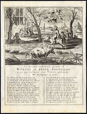 Antiker Druck-BÖRSENMARKT-SATIRE-POSTBOTE-SCHWEIN-AKTIEN AUSVERKAUFT-John Law-1720