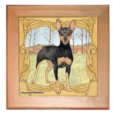 Miniature Pinscher Min Pin Dog Kitchen Ceramic Trivet Framed in Pine 8" x 8"