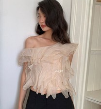 French Womens Pleated Tops One Shoulder Summer Ruffle T-Shirt Casual Blouse