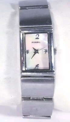 Women Fossil F2 Watch Es1710 Mother of Pearl Face Steel Case Silver Band Diamond