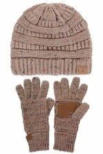 C.C Women 2pc Set Soft Cozy Confetti Ribbed Cable Knit Stretch Beanie Gloves