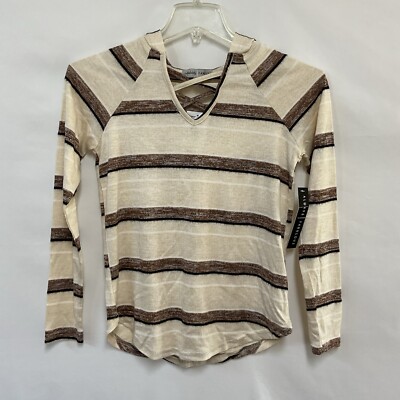 Absolutely Famous Small Hoodie Top Striped Raglan Tan Brown Criss Cross V-Neck