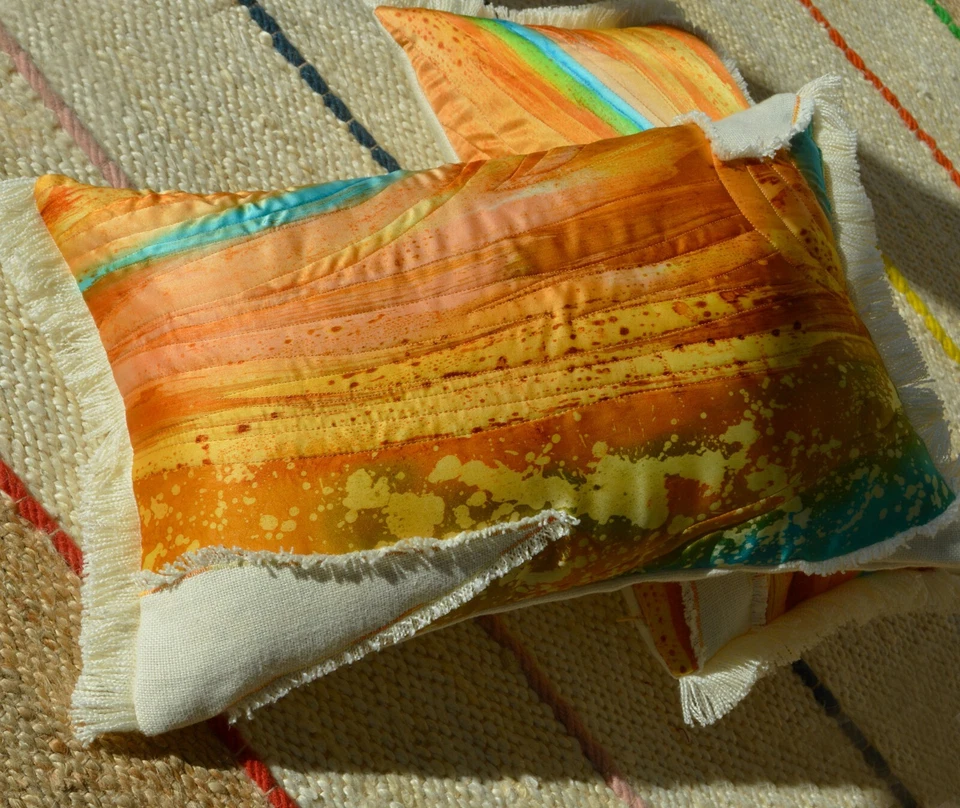 Fabric17 Silk & Linen Lumbar Pillow Cover 13x20". Hand Painted and Quilted Silk - Image 3 of 4