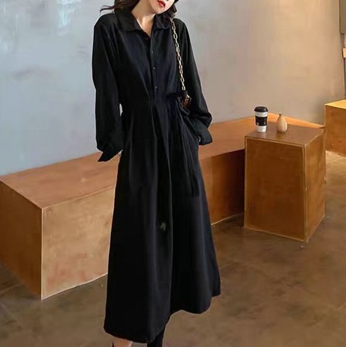 Damen Button Down Reverskragen Langarm Gürtel Shirt Kleid Locker Mode Kleid - Bild 4 von 7