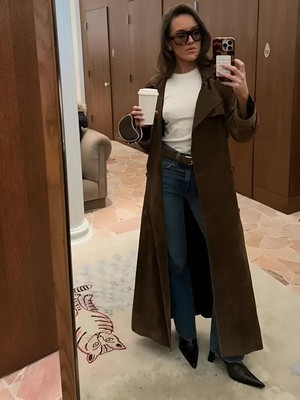 Brown Suede Leather Long Coat Women Maxi Length Biker Trench Coat 2XS S M L XL