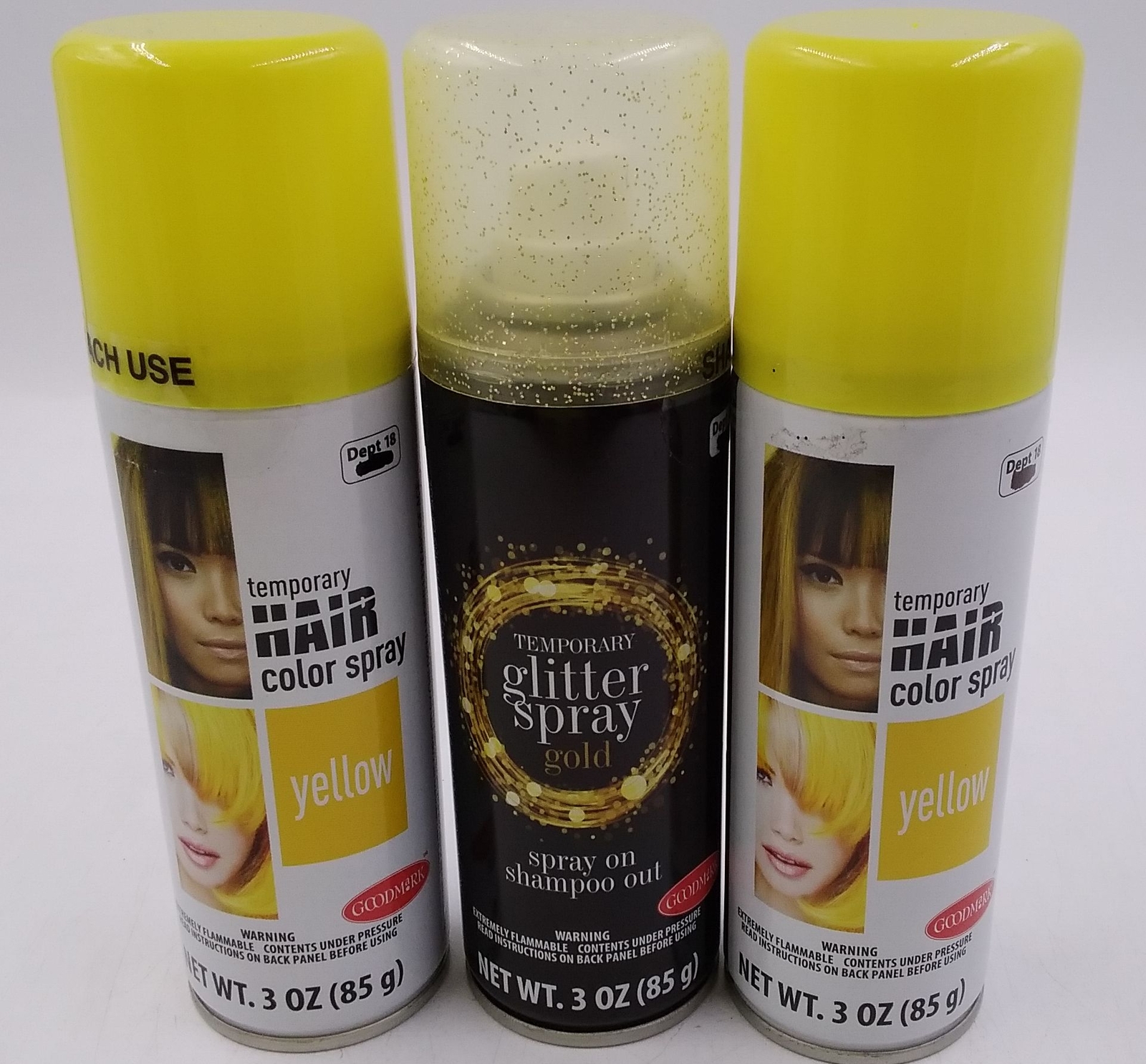 Lot 3 Goodmark Temp1 Gold Glitter & 2 Yellow Hair Color Spray 3oz Halloween NEW