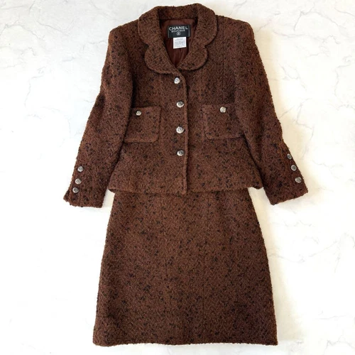 Set giacca e gonna CHANEL marrone misto tweed taglia 36 autentica dal Giappone