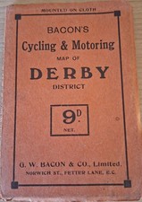 Vintage 1920s Bacon's Pocket Cycling And Motoring Map Of Derby 1/2 Inch Scale