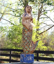 4 Ft Hand Carved Standing Mermaid Statue with Painted Finish