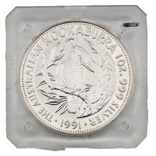1991 Australia Kookaburra 1 oz. 0.999 Silver BU Coin in Original Square Capsule