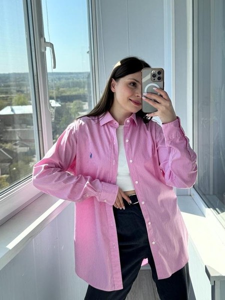 Women Polo Ralph Lauren Shirt Pink Cotton L #CS9Y