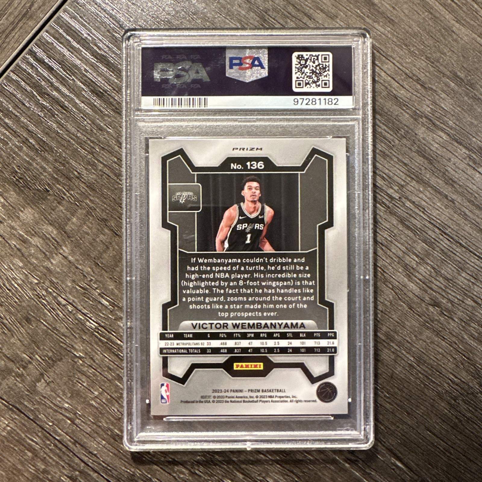 Victor Wembanyama 2023-24 Panini Prizm #136 Green Prizm Rookie RC PSA 9 Spurs view 2