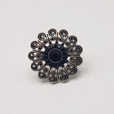 Vintage Filigree Gray Crystal Cocktail Ring - Antique Silver Statement Ring