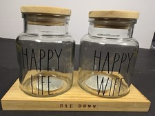 Rae Dunn Happy Life Happy Wife Glass Jar Canister Set Wood Base Vanity Decor