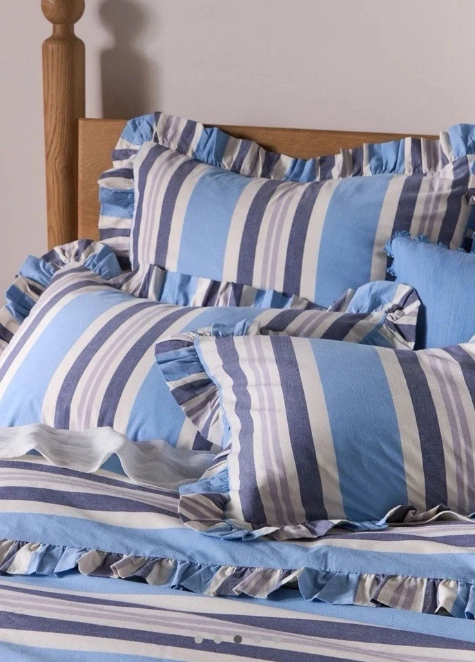 ANTHROPOLOGIE Mele Algodón Náutico Volantes Queen Edredón Azul Rayas Boho Mar Foto 2 de 4