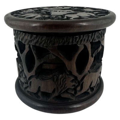 Hand Carved Wooden Africa 6 Coaster Set with Holder & Lid Beautiful Boho