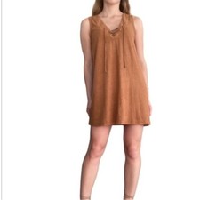 ANTHROPOLOGIE Sans Souci Tie Up Front Boho Hippie Faux Suede Dress Size Small