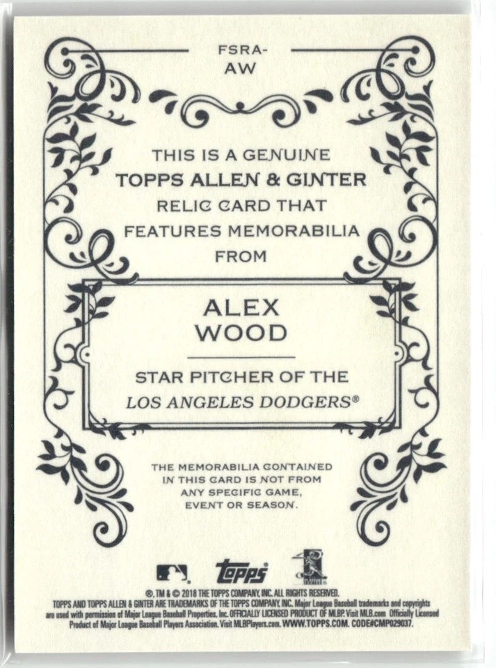 2018 Topps Allen & Ginter #FSRA-AW Alex Wood Full-Size Relics - Image 2 of 2