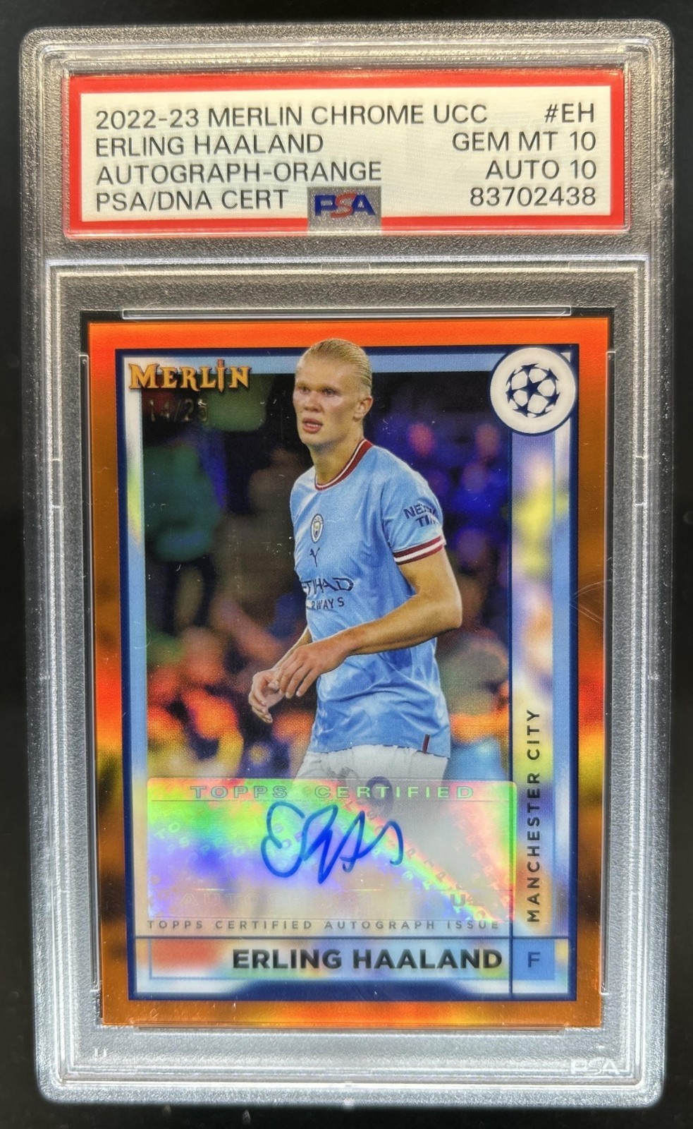 2022-23 Topps Merlin Chrome Erling Haaland Auto Orange Refractor #/25 PSA 10